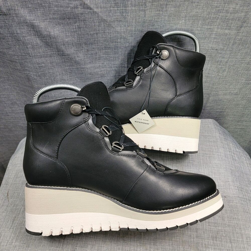 Cole Haan ZeroGrand NEW City Lace-Up Wedge Leather Blk Sneaker Boots Women's 10B